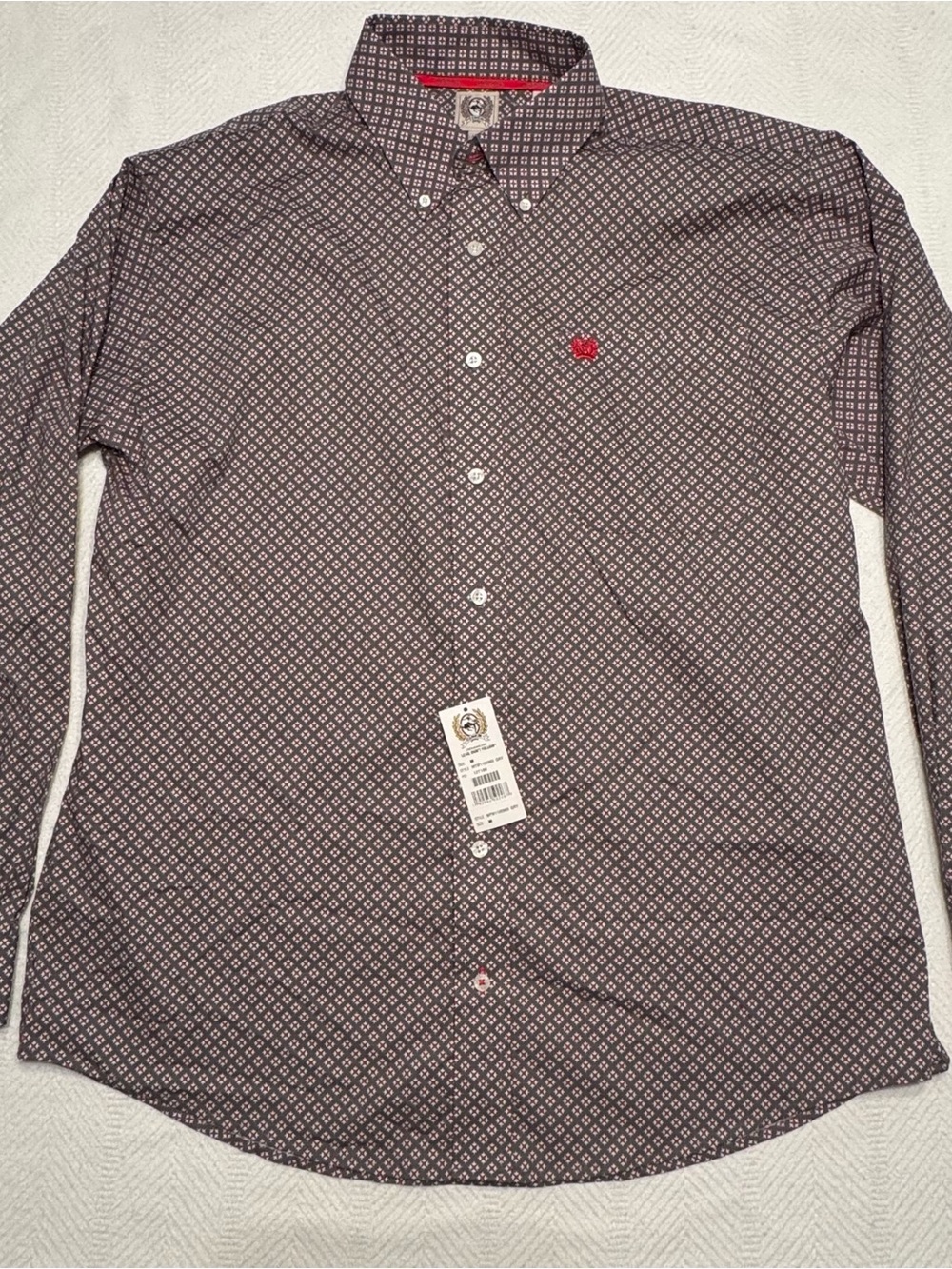 Cinch Burgundy Geometric Button-Up Shirt with Red Logo